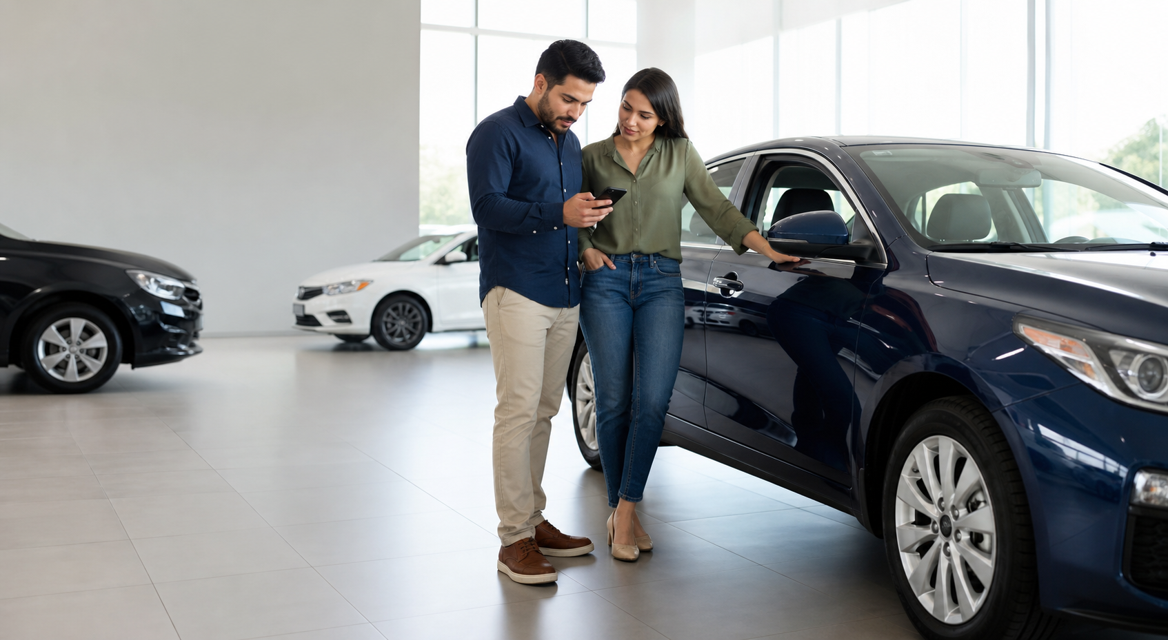 Compradores revisando un automóvil usado